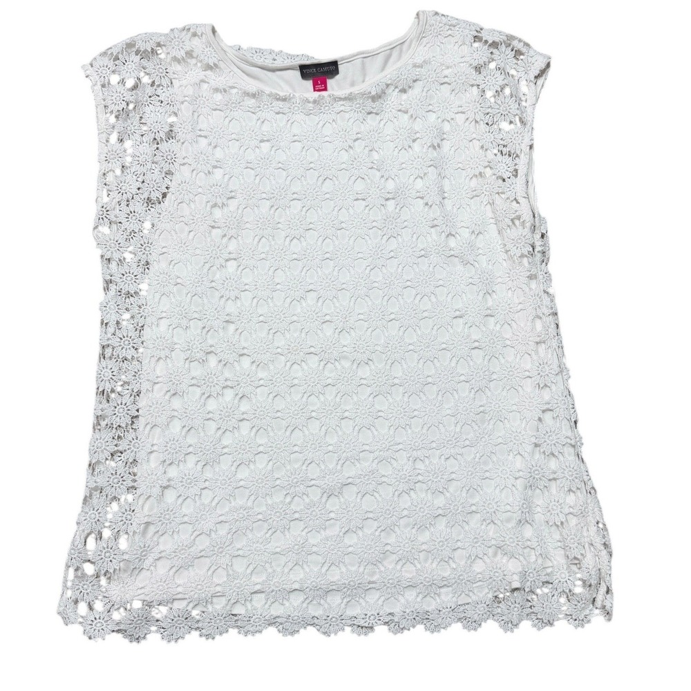 Vince Camuto Lace Top Womens S White Floral Overlay Sleeveless Boho Lined Blouse
